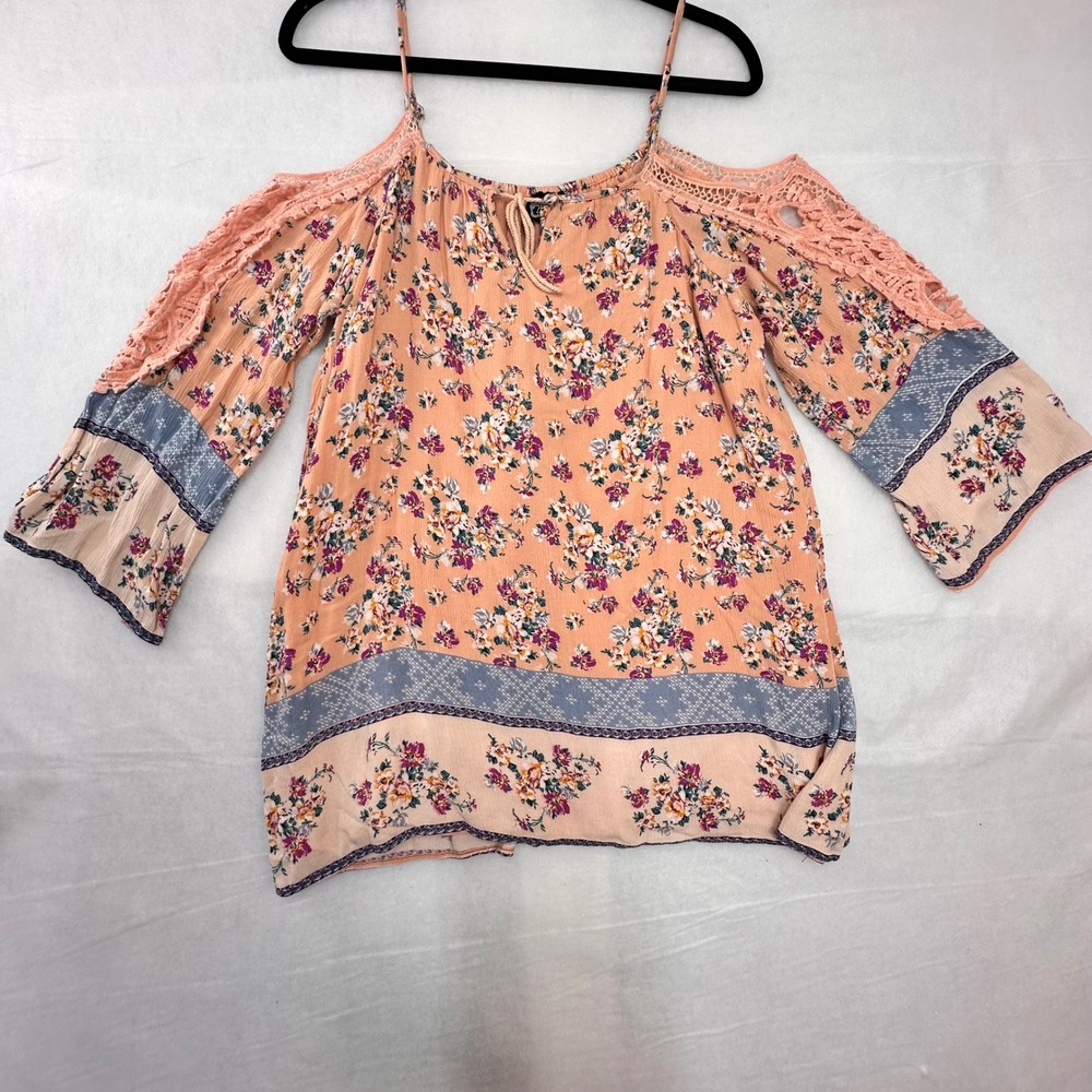 Angie Women Peach Floral Cold Shoulder Crochet Lace Boho Bell Sleeve Blouse Smal